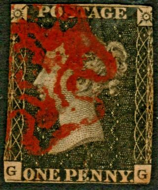 Gb 1840 Victoria 1d Penny Black Stamp Gg Plate 6,  Red Maltese Cross Re:a251
