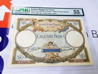 【top Grade】france 1927 - 29 50 Francs P - 77a Pmg 55 Little Angel Very Rare
