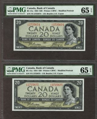 4 Consecutive 1954 $20 Bank Of Canada Notes,  Bc - 41a,  Pmg 65,  65,  65 64; Epq