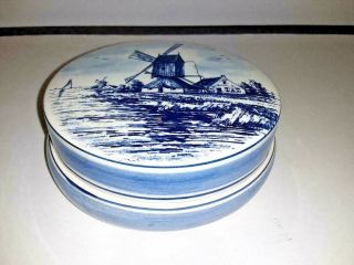 Holland Hand Painted Delft Blue Round Shaped Trinket Box With Lid,  Windmill Delft