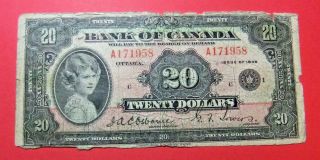 1935 Bank Of Canada 20 Dollar Note - Pink Princess - Small Seal