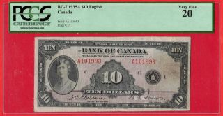 1935 $10 Bank Of Canada Note English Bc - 7 - $525 Pcgs Vf - 20