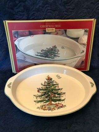 Spode Christmas Tree 14 " Gratin / Baking Dish Bowl W/ Box & Sticker - - Ec