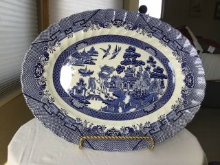 Royal Wessex Blue Willow 14.  1/2 " Oval Swirl Rim Platter Made In England
