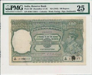 Reserve Bank India 100 Rupees Nd (1943) Wmk: Facing Bust,  Rare Pmg 25