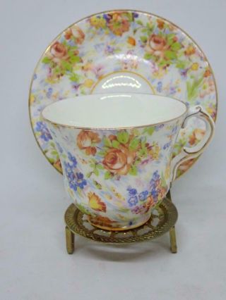 Vintage Radfords Chintz Duo Orange Yellow Roses Blue Flowers Tea Cup &saucer