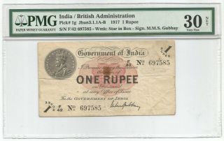 India Rupee 1917 P 1g Banknote Pmg 30 Net - Very Fine