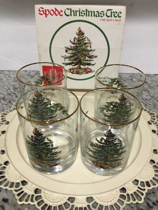 Vintage Spode Christmas Tree Set Of 4 Double Old Fashioned Glasses