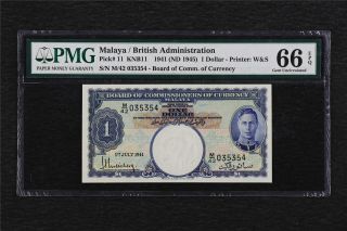 1941 Malaya / British Admisistration 1 Dollar Pick 11 Pmg 66 Epq Gem Unc