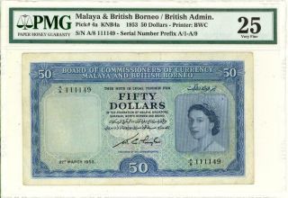 Malaya & British Borneo $50 Dollars Banknote 1953 Pmg 25 Vf