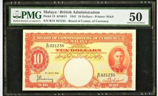 1941 Malaya & British Administration $10 Pmg 50 Aunc