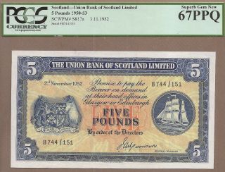 Scotland: 5 Pounds Banknote,  (unc Gem Pcgs67),  P - S817a,  03.  11.  1952,  No Rese