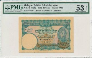 Board Of Comm.  Of Currency Malaya 25 Cents 1940 S/no Xx666x Pmg 53net