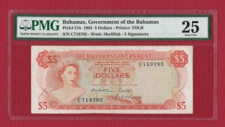 Bahamas 1965 5 Dollars P - 21b Three Signatures Rare Pmg 25 Vf