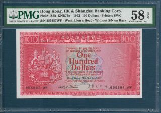 Hong Kong Hsbc 100 Dollars,  1972,  P 185b Without Back S/n / 555587,  Pmg 58 Epq