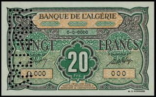 Algeria.  Banque De L`algerie.  20 Francs.  Specimen.  Pcgs Holder