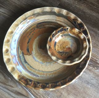 Art Pottery Hand Crafted Chip And Dip Bowl Signed - In Earth Tones 11.  5” Plate