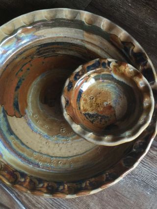 Art Pottery Hand Crafted Chip and Dip Bowl Signed - In Earth tones 11.  5” Plate 2