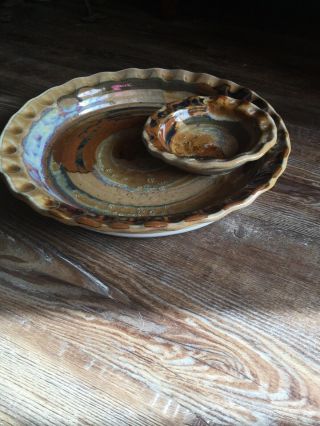 Art Pottery Hand Crafted Chip and Dip Bowl Signed - In Earth tones 11.  5” Plate 3