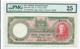 One Pound 1951 Fiji Pmg Vf - 25 Pick P 40f British Administration Fidji Viti 1p £1