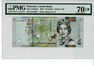 Bahamas Central Bank 2019 1/2 Dollar Pmg 70 Epq Gem Unc Finest Grade Star