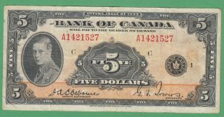 1935 Bank Of Canada $5 Dollar Note - A1421527 - Vf