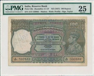 Reserve Bank India 100 Rupees Nd (1937) Madras Pmg 25