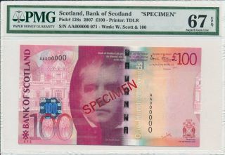 Bank Of Scotland Scotland 100 Pounds 2007 Specimen Prefix Aa Pmg 67epq