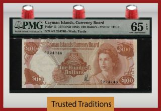 Tt Pk 11 1974 Cayman Islands $100 Queen Elizabeth Pmg 65 Epq Gem Uncirculated