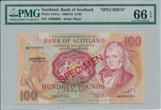 Bank Of Scotland Scotland 100 Pounds 1994 Specimen Pmg 66epq