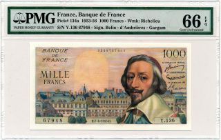 France - 1000 Francs 1955 P134a Richelieu Pmg Gem Unc 66 Epq