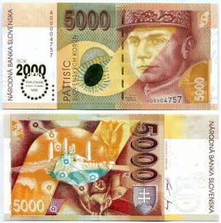 Slovakia 5000 5,  000 Krorun 1995/2000 P 40 Low S/n 4 Digit Comm.  Millenium Unc