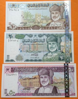 Oman 50,  20,  10 Rials 2000 Unc,