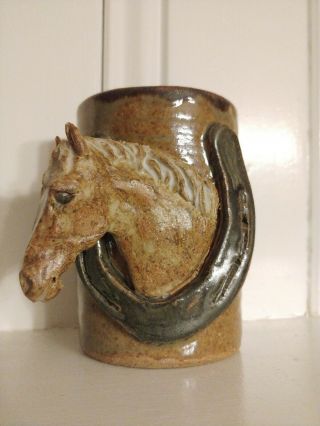 Hand Thrown Studio Art Pottery Horse Head/shoe Bust Glaze Stoneware Mug Signed