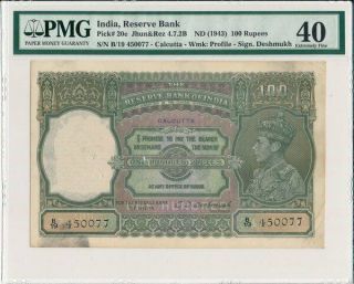 Reserve Bank India 100 Rupees Nd (1943) Pmg 40