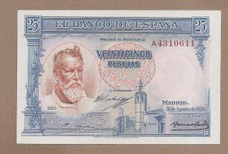 Spain: 25 Pesetas Banknote,  (unc),  P - 87b,  31.  08.  1936,