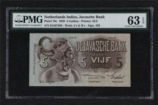1939 Netherlands Indies Javasche Bank 5 Gulden Pick 78c Pmg 63 Epq Choice Unc