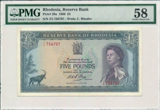 Reserve Bank Rhodesia 5 Pounds 1966 Rare Pmg 58
