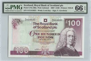 Scotland,  Royal Bank 2007 P - 350d Pmg Gem Unc 66 Epq 100 Pounds