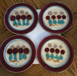 Dan Lasser Ceramics 4 Red Tulip Salad Plates Burgundy Teal Pottery Vt Signed