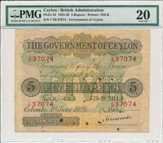 Government Of Ceylon Ceylon 5 Rupees 1926 Large Note.  Rare Pmg 20