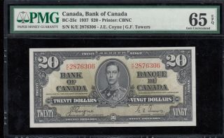 1937 Bank Of Canada $20 - Pmg Graded Gem Unc 65 Epq - S/n: K/e2876306