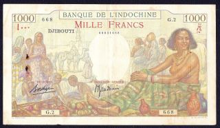 Indochine 1000 Francs French Somaliland (djibouti) 1938 P - 10 Vf