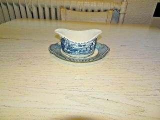 Royal Currier & Ives Gravy Boat,  Under Plate Dish Dinnerware Pottery Blue White