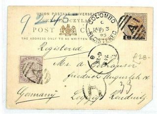 Ceylon Colombo Gb Postcard Stationery Registered {samwells - Covers} 1895 Cw46