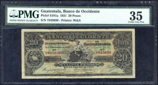 Guatemala 20 Pesos Banco De Occidente 1921 Pmg Certificate Rare