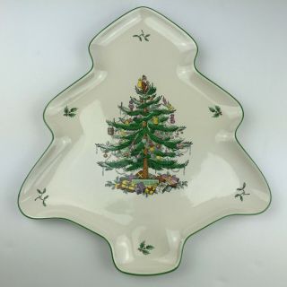Spode Christmas Tree Shaped Platter 14 " Green Trim Earthenware Large Serving