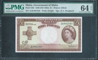 Malta £1 P24b 1949 (1954) Qeii Pmg 64 Epq Choice Unc