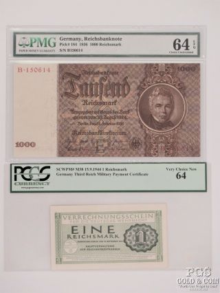 1936 Germany 1000 Reichsmark Ch Unc 64 Epq 1944 1 Reichsmark Pcgs Ch 64 16589