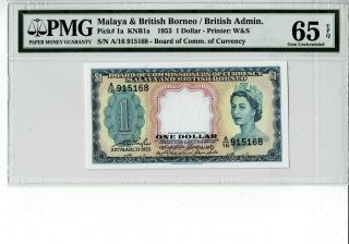 Malaya British Borno British Admin P 1a 1953 1 Dollar Pmg 65 Epq Gem Unc